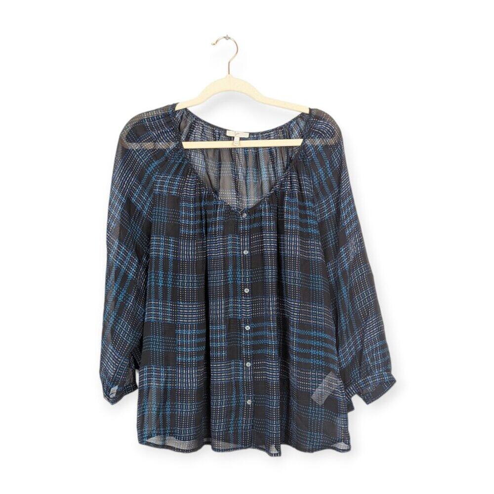 Joie Vorda Blouse L Black Blue Silk Plaid Semi Sheer Button Front